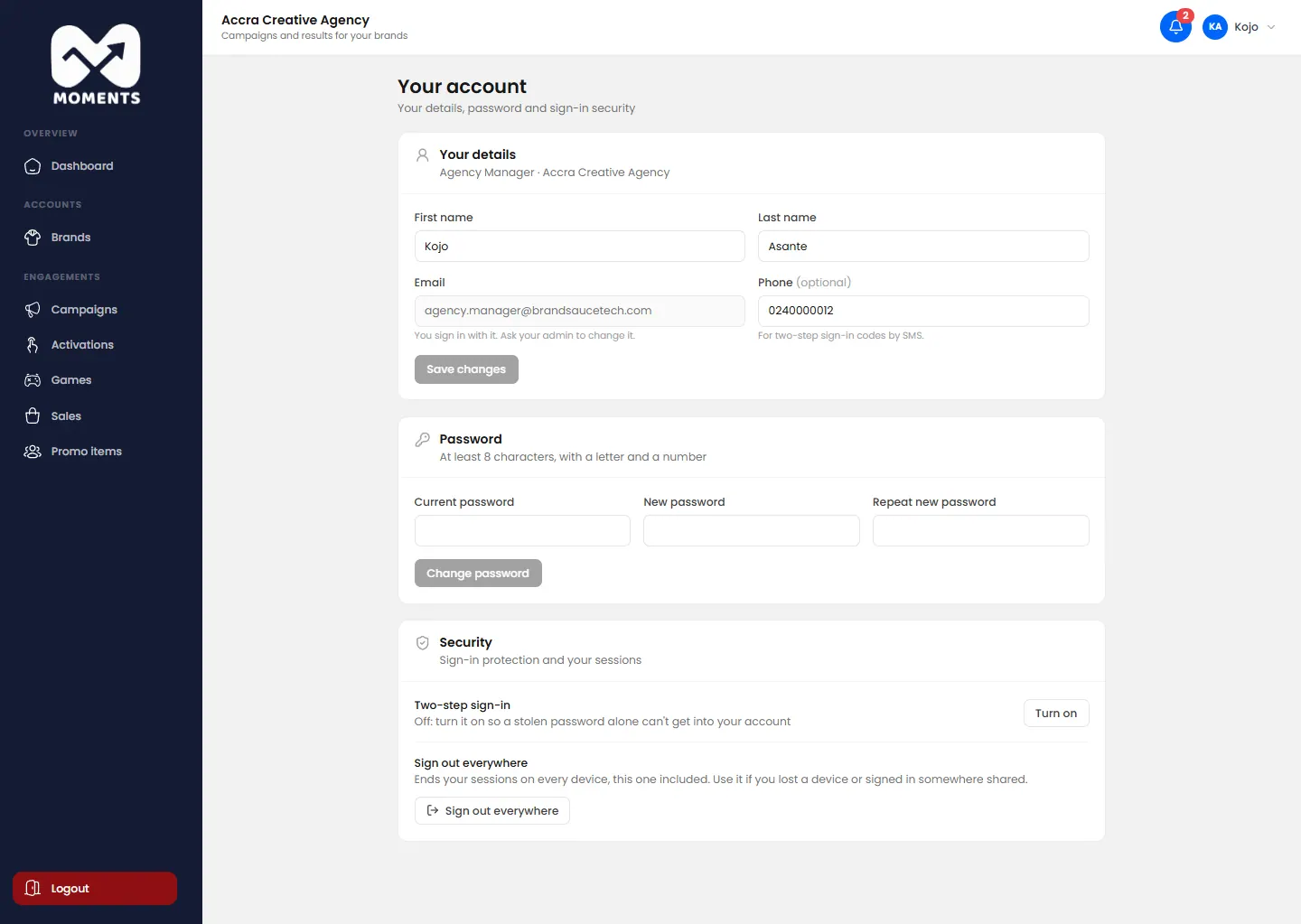 Your account: details, password, two-step sign-in and sign out everywhere