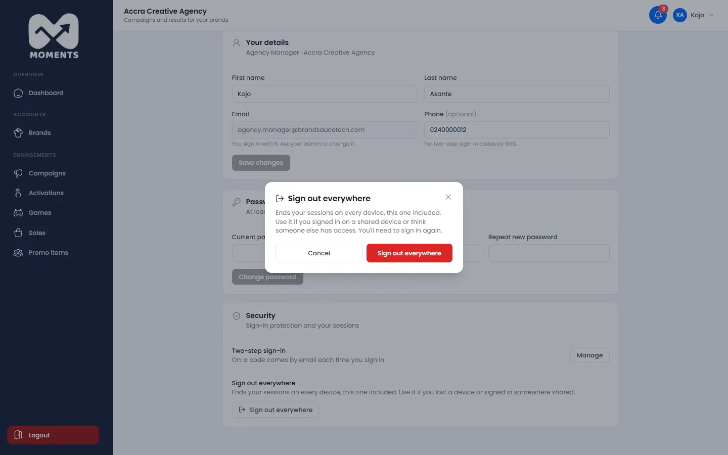 Sign out everywhere asks to confirm