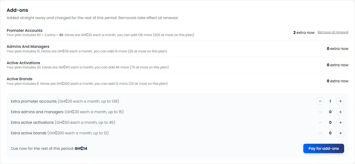 Buying add-ons: choose how many, and the amount due now