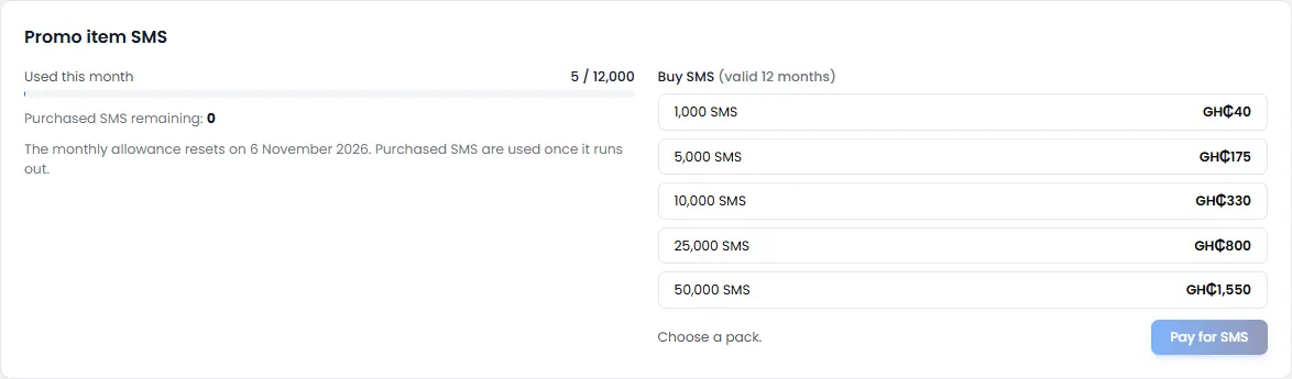 Promo item SMS: used this month, and packs to buy