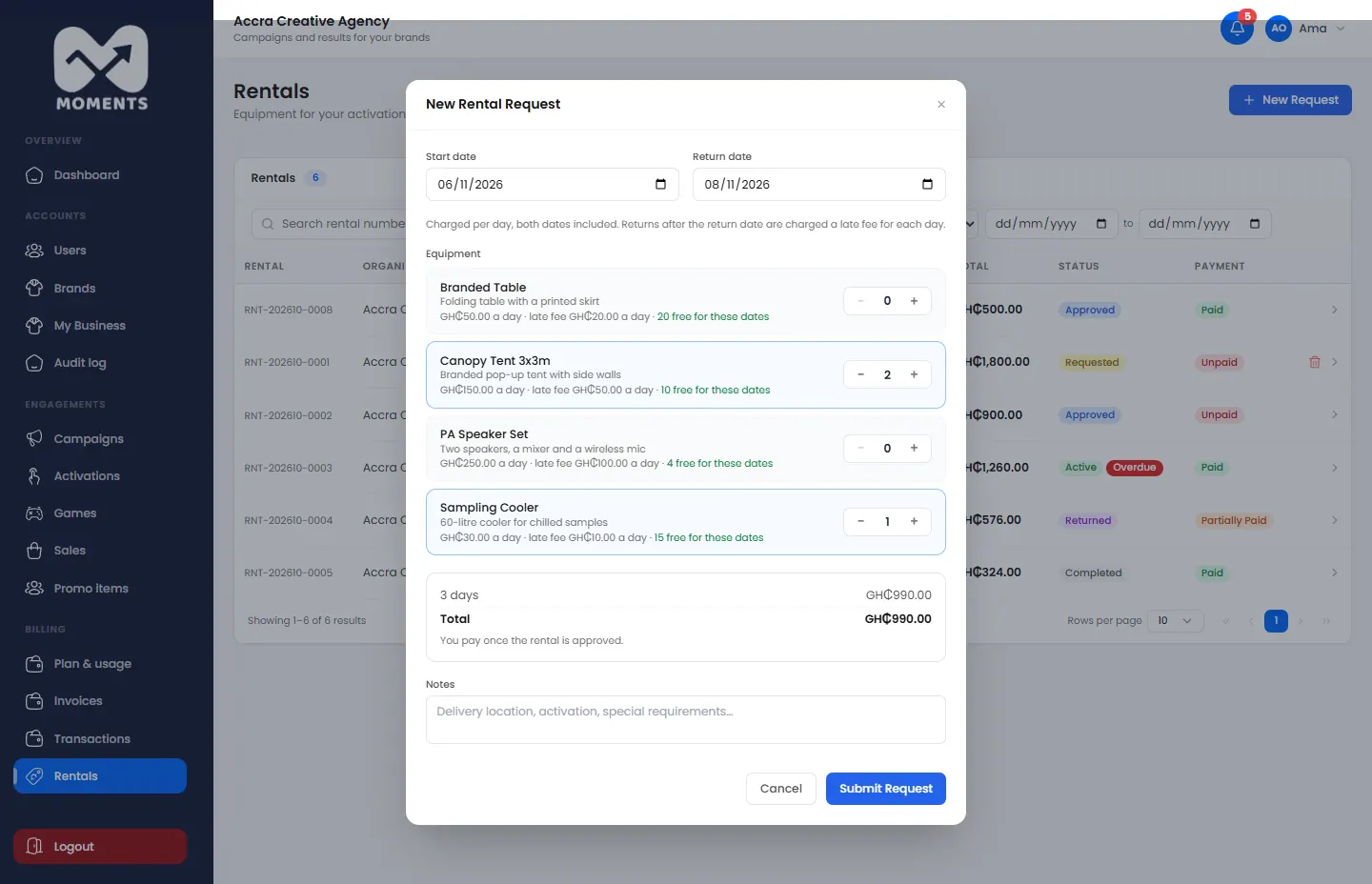 A rental request: dates, equipment, and the total