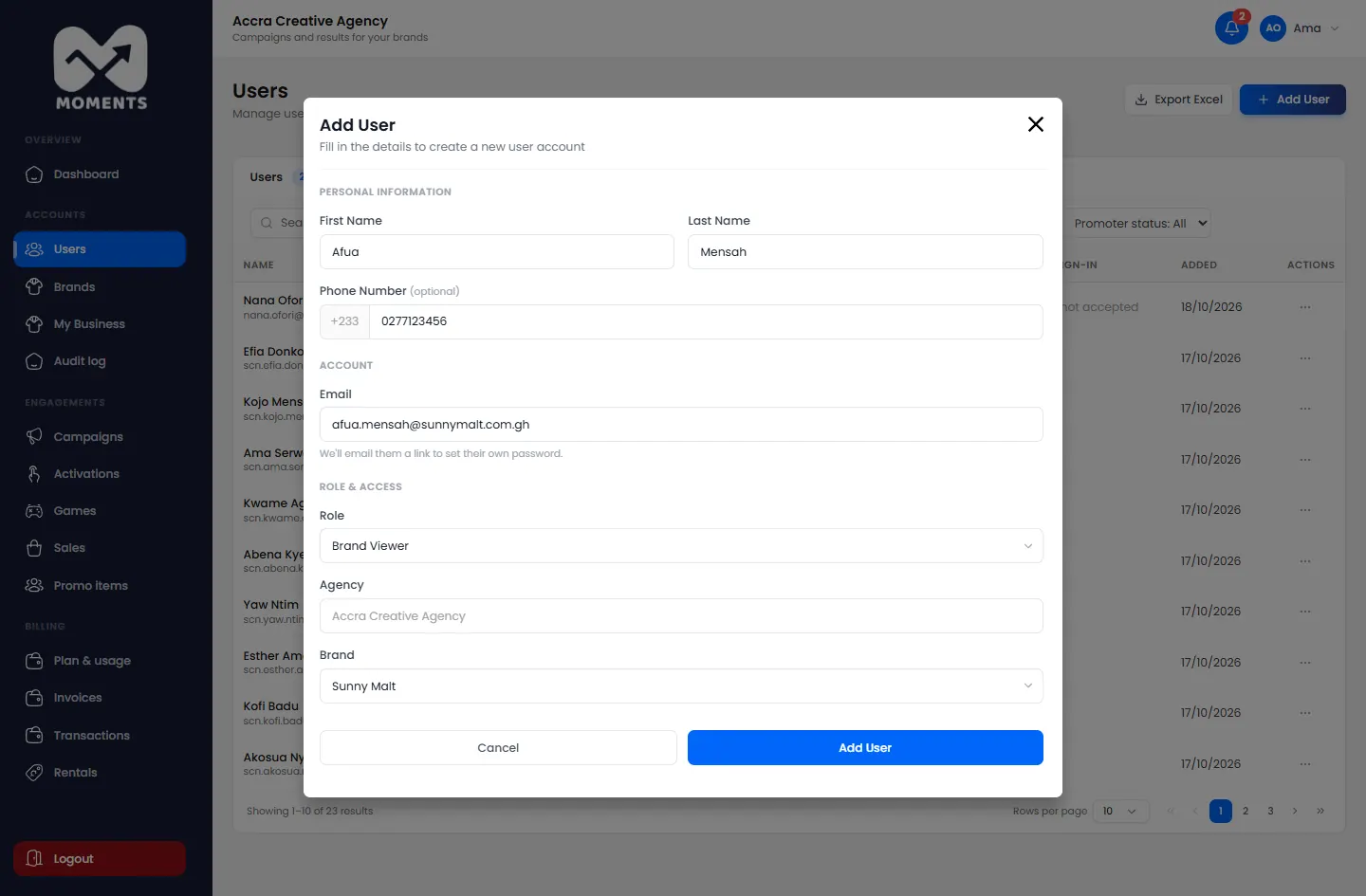 Adding a brand viewer: someone from one of the agency's brands