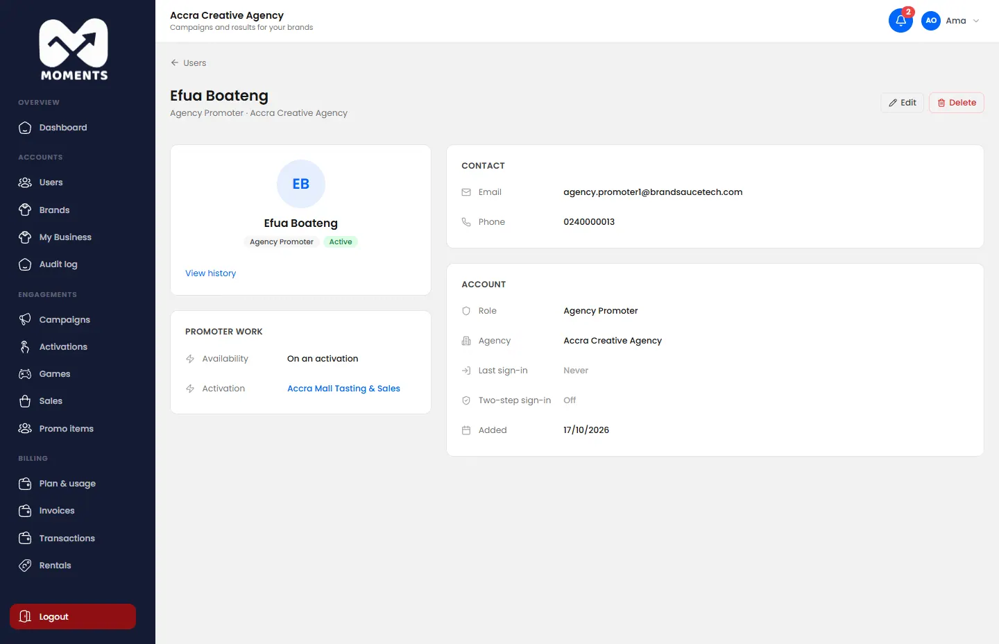 A promoter's page: contact, account and the activation they're working