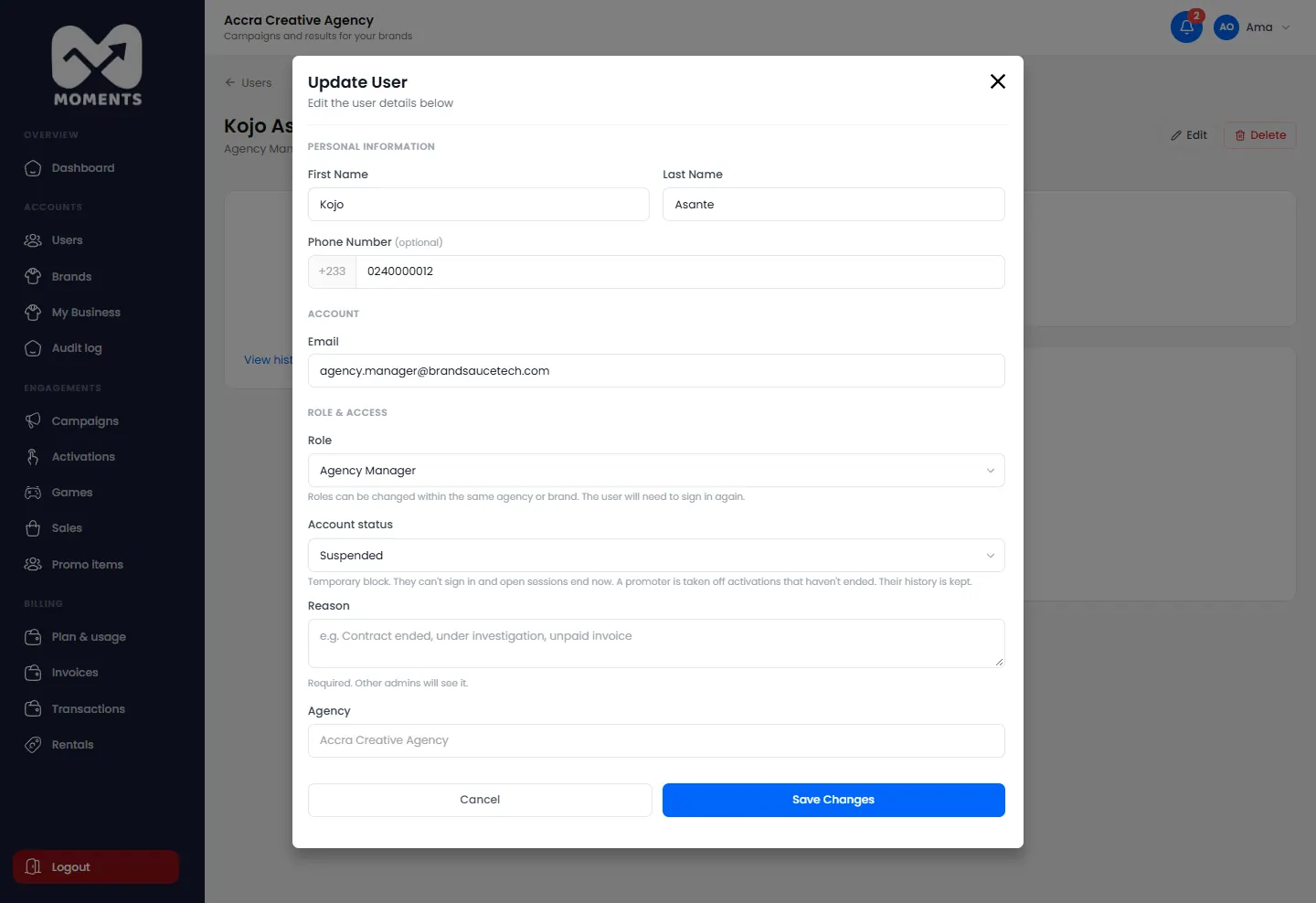 Suspending a user needs a reason