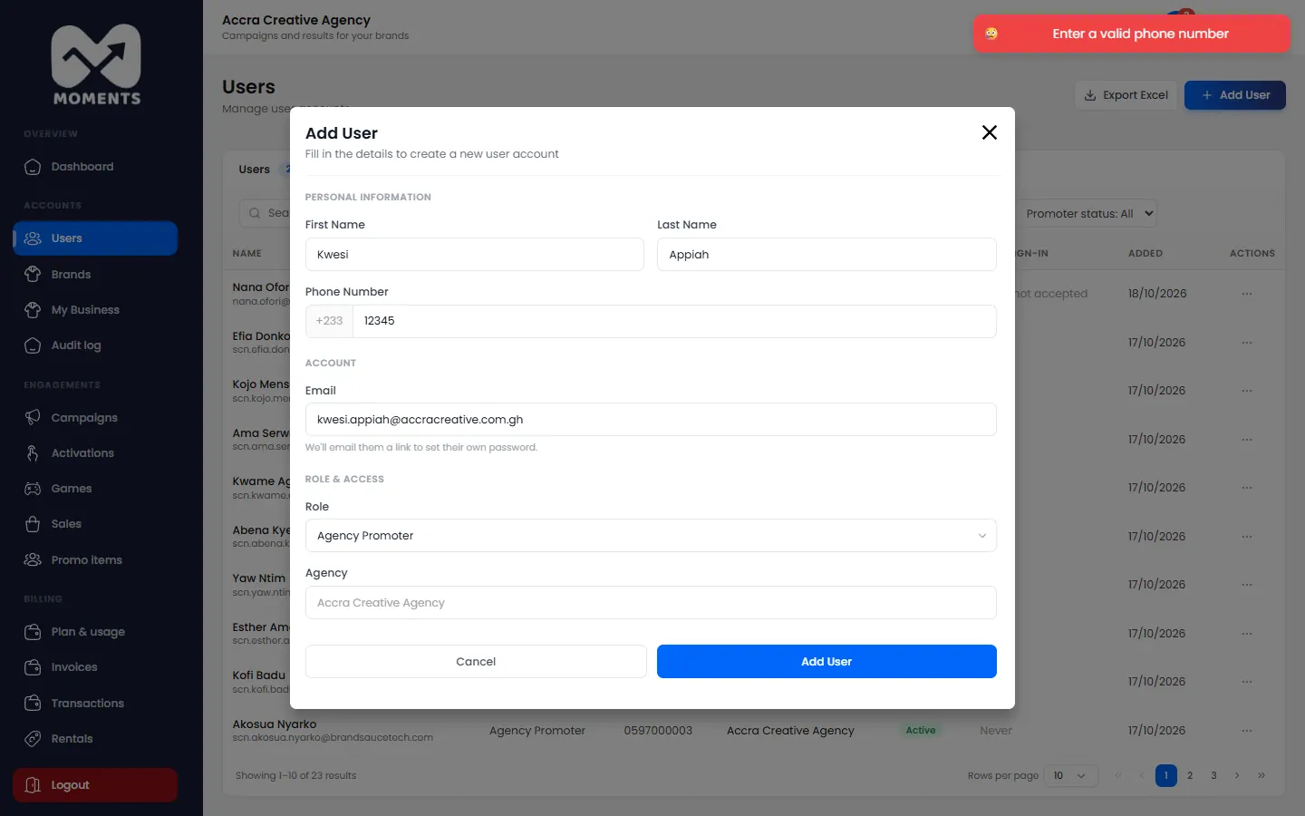 A phone number that isn't valid is refused