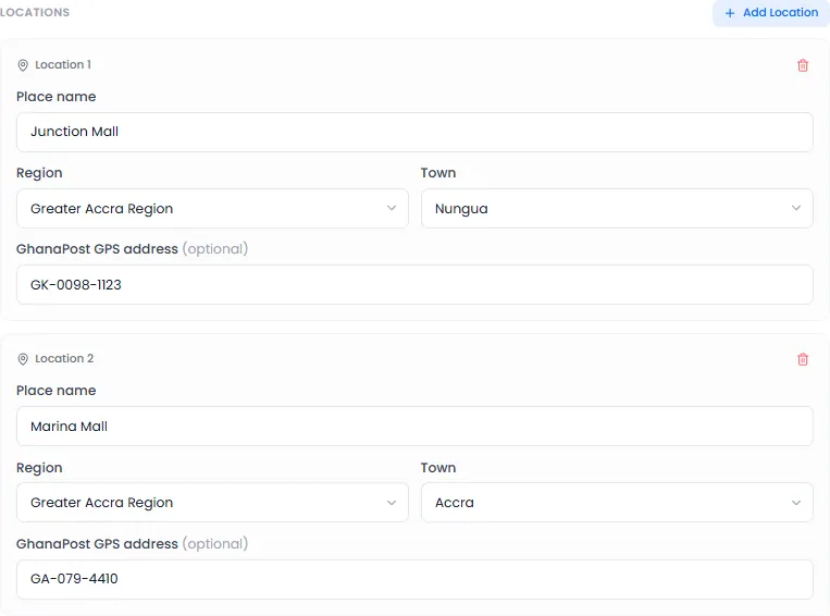 Locations: place, region, town and GhanaPost GPS address