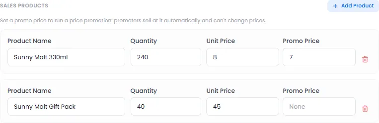 Sales products: quantity, price and an optional promo price