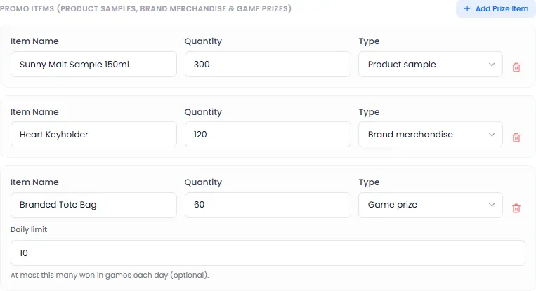 Promo items: product samples, brand merchandise and game prizes