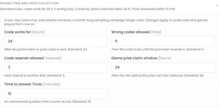 Promo item and prize collection rules