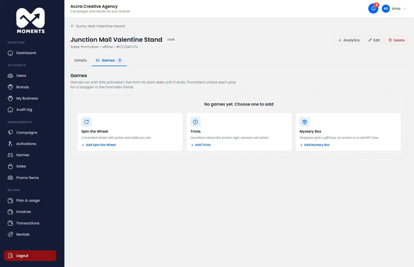 A new activation's Games tab: choose a game to add