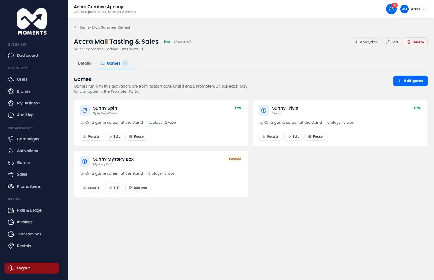 A live activation's games: pause, edit or see each one's results