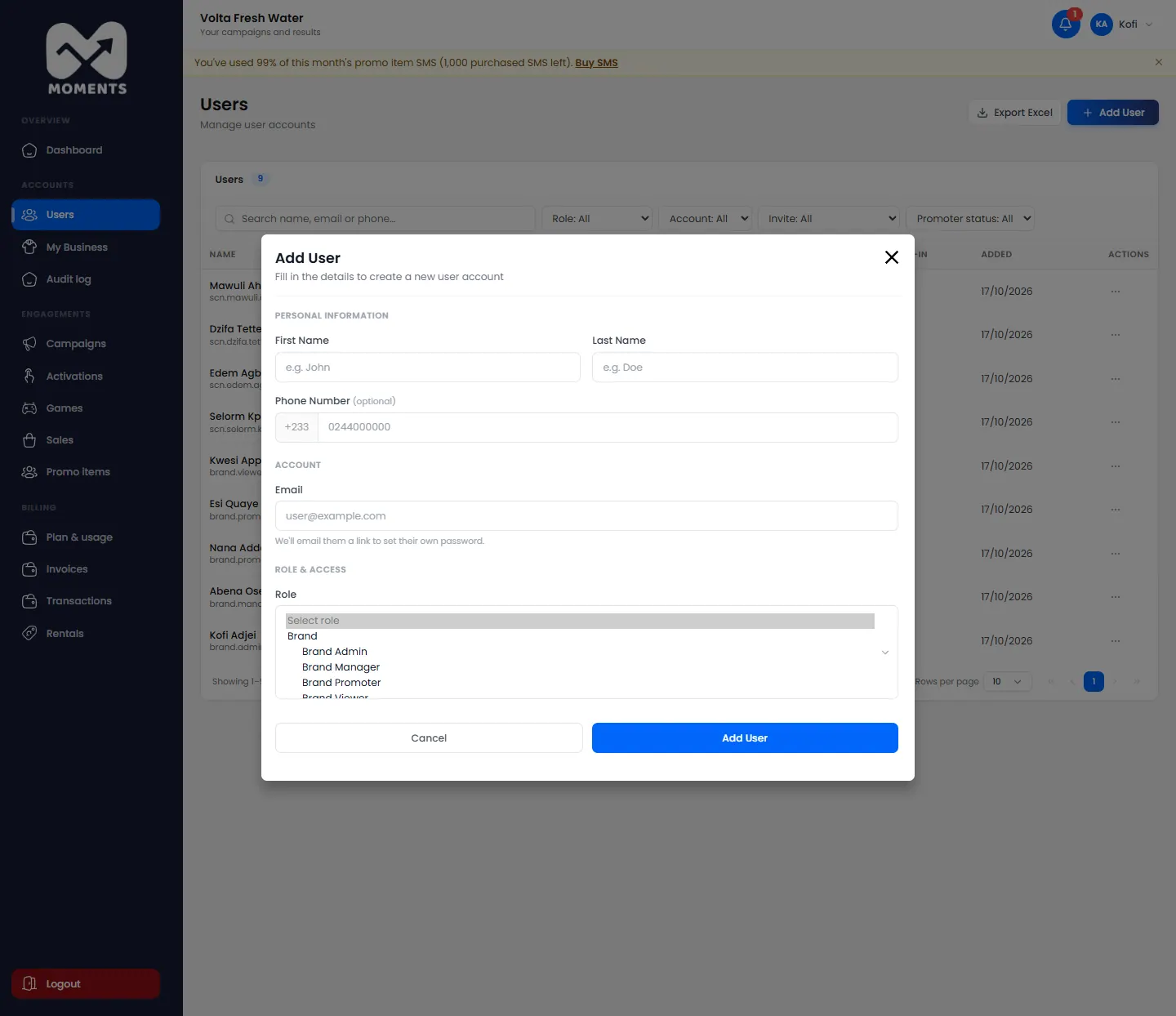 Adding a user: the brand roles