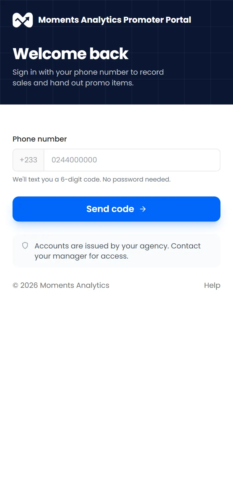 The Promoter Portal sign-in page, asking for a phone number