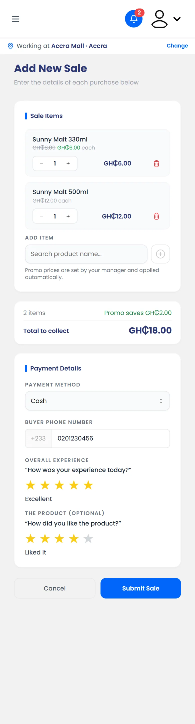 A filled-in sale: two products, paid in cash, with the buyer's phone and ratings