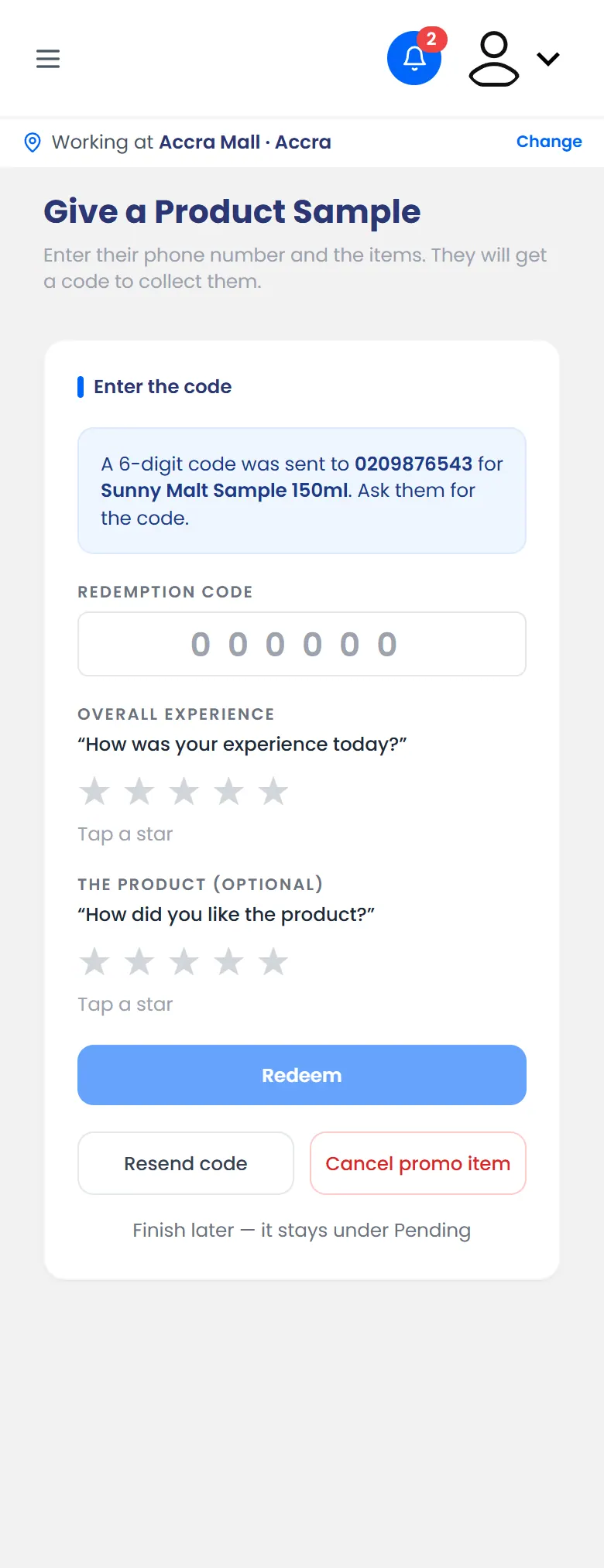 Entering the code the shopper received, with their rating