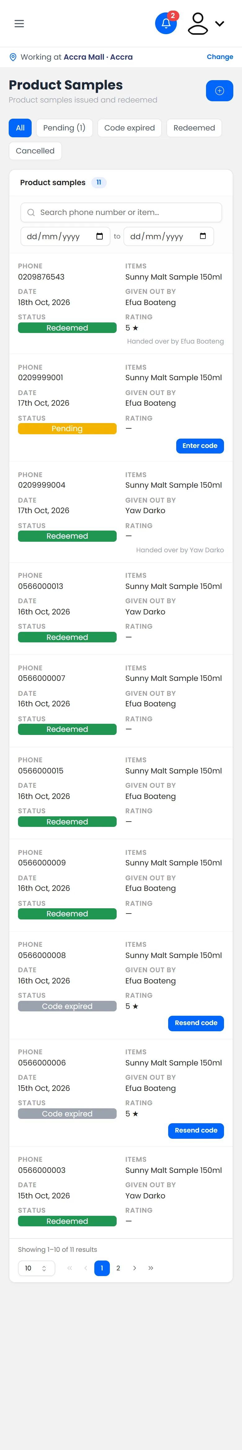 Product samples: pending, collected, expired and cancelled