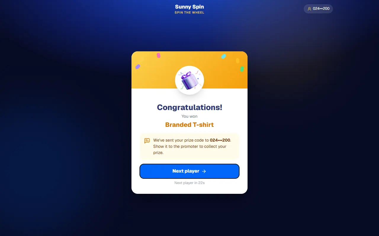 A win: the prize code is sent by SMS