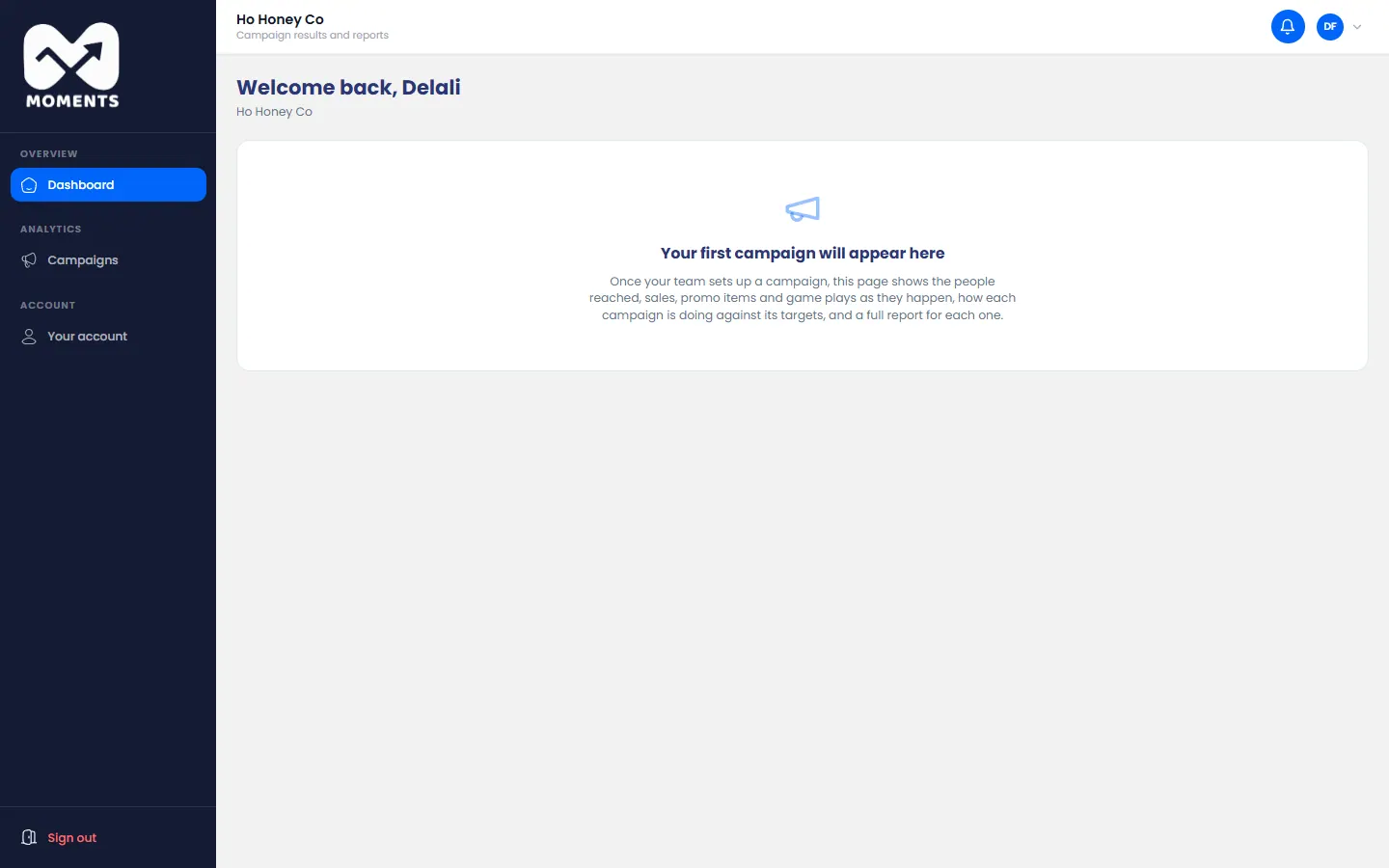 Before the first campaign: the dashboard is empty