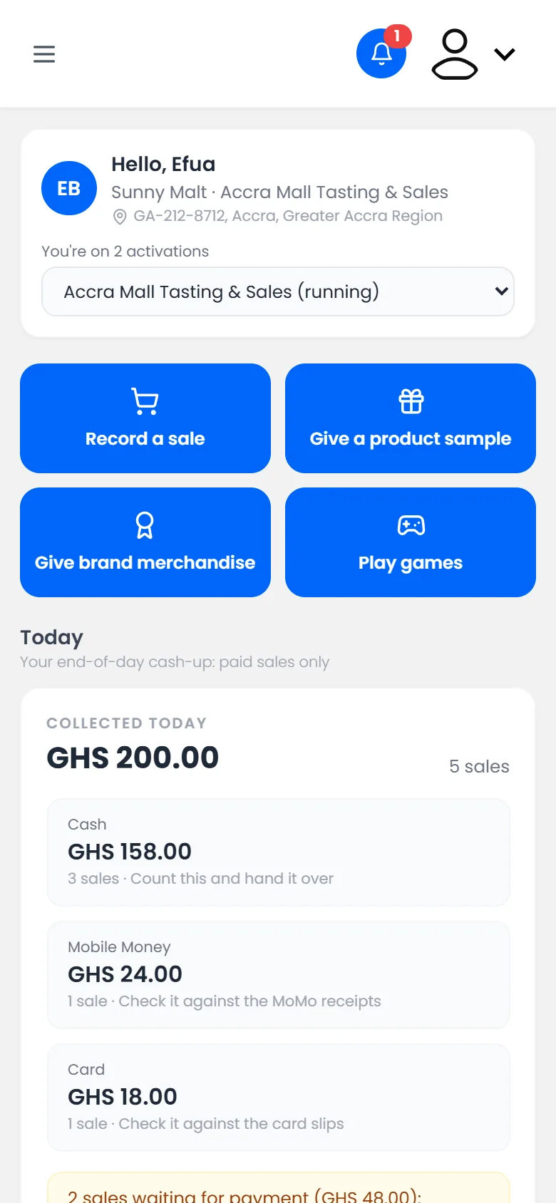 The Promoter Portal on a phone: quick actions and today's cash-up