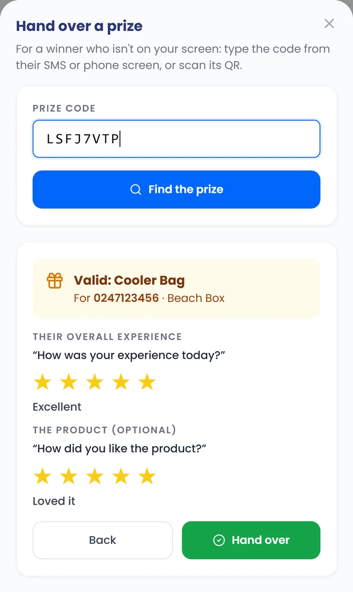 The promoter's phone: the same code checked, Valid: Cooler Bag, with a five-star rating