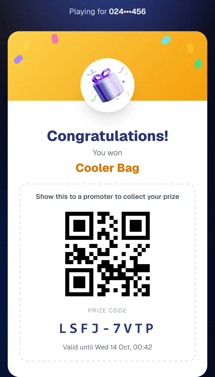 The winner's phone: You won a Cooler Bag, with prize code LSFJ-7VTP and its QR