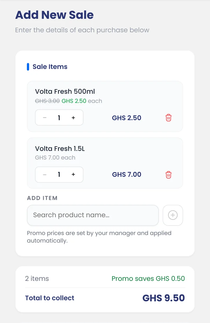 Recording a sale in the Promoter Portal: the promo price applied and the total to collect