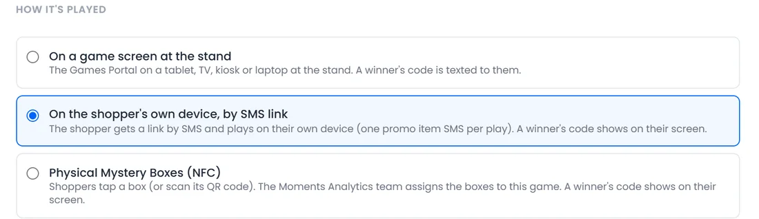 How the game is played: on the shopper's own device, by SMS link
